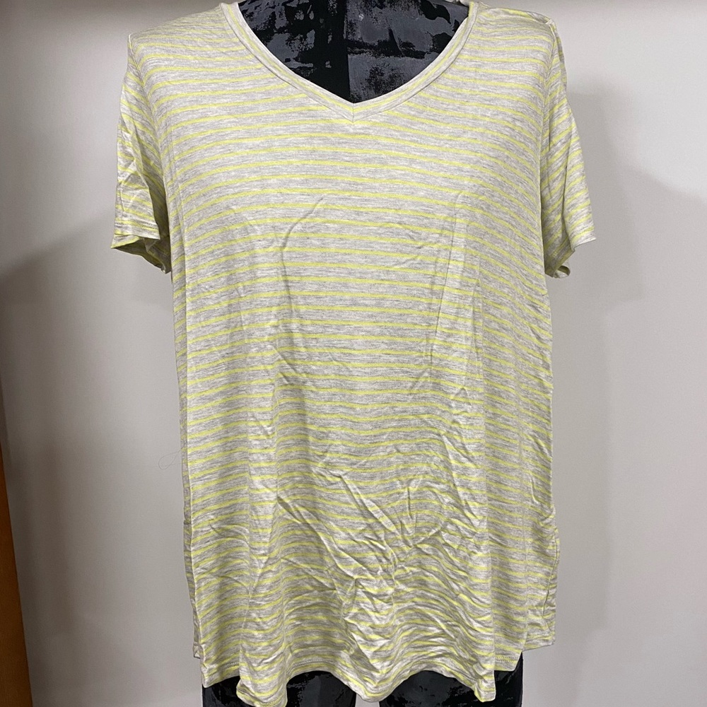 Cupio Blush Gray/Lime Green Striped Branson V neck T Shirt